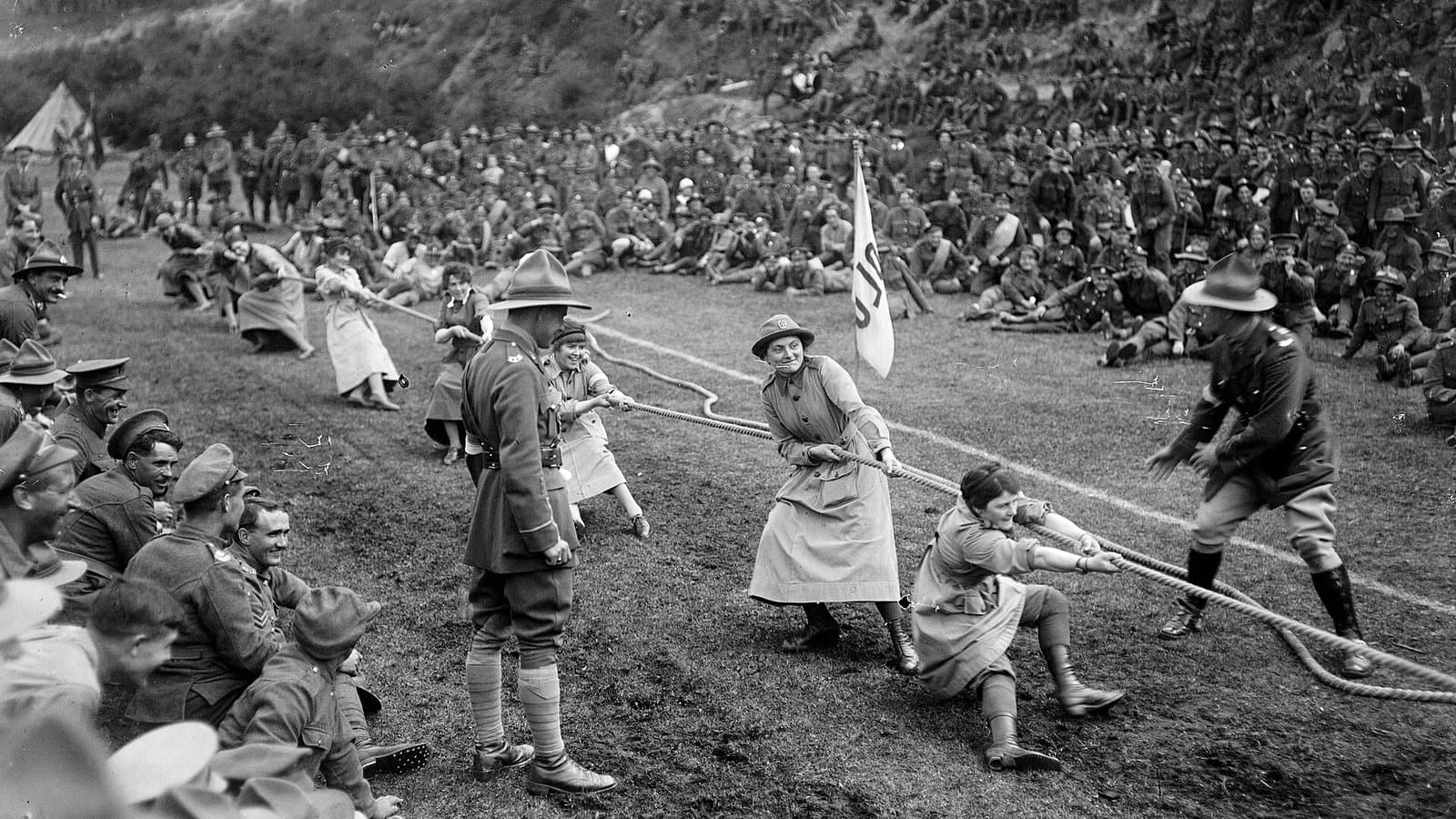 History of Tug-of-War Historic Tug-of-War event with women competing and large crowd